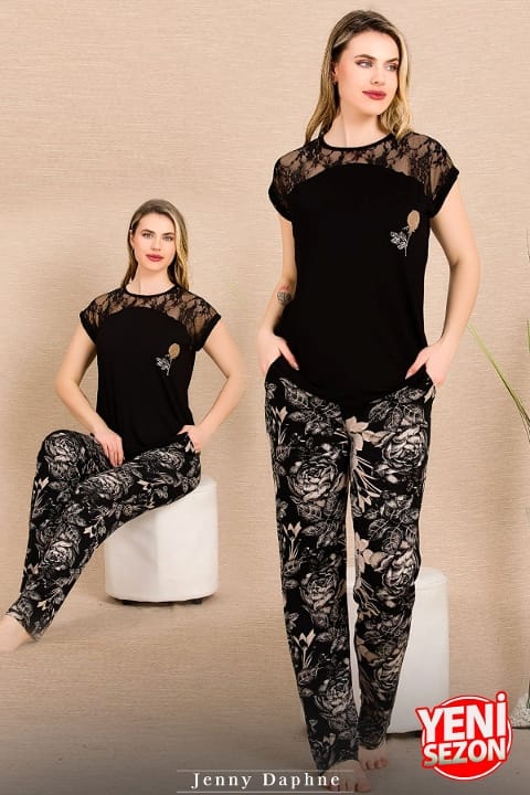 Lady Siyah Renk Dantel Detaylı Pijama Takımı Lady 12488