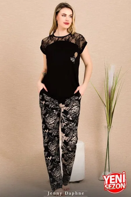 Siyah Renk Dantel Detaylı Pijama Takımı Lady 12488 - Siyah