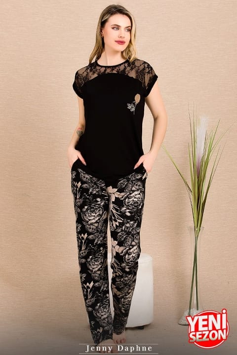 Siyah Renk Dantel Detaylı Pijama Takımı Lady 12488 - 2