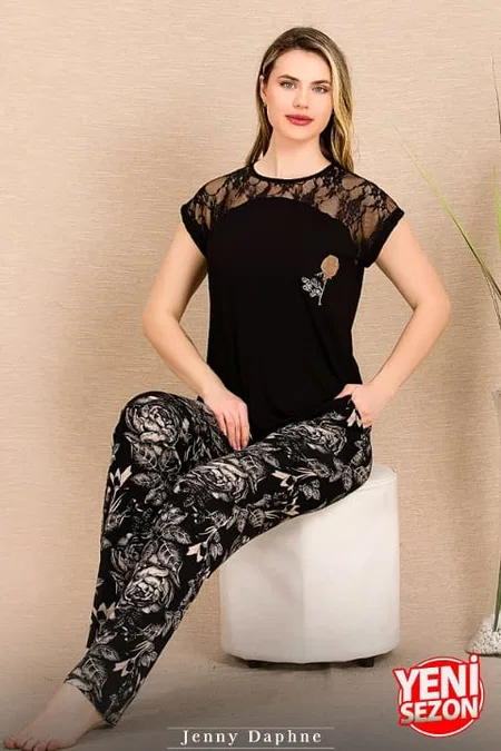 Siyah Renk Dantel Detaylı Pijama Takımı Lady 12488 - Siyah