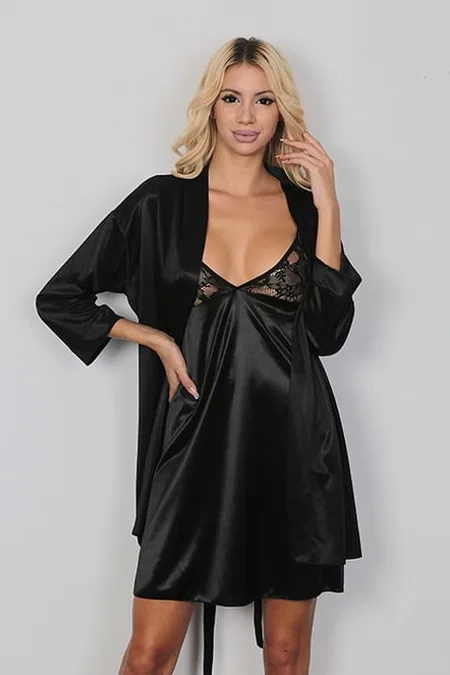 Saten Düşük Bel Sabahlık Kadın Pijama Takımı SHE 2037 - Siyah