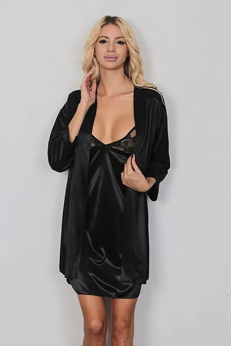 Saten Düşük Bel Sabahlık Kadın Pijama Takımı SHE 2037 - Siyah