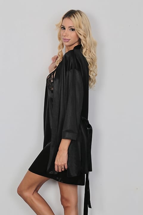 Saten Düşük Bel Sabahlık Kadın Pijama Takımı SHE 2037 - Siyah