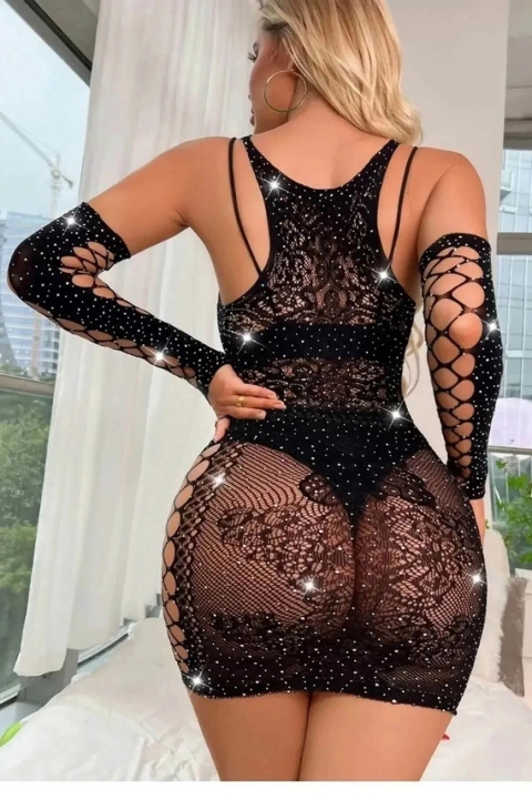 İzabel Siyah Taşlı Dantel Vücut Çorabı İzabel 7030 - Görsel 4