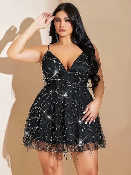 Siyah Tül Detaylı Payetli Büyük Beden Mini Elbise Pink Night 6502