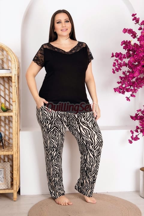 Lady Siyah Zebra Desenli Kısa Kol Büyük Beden Pijama Takımı Lady 10951