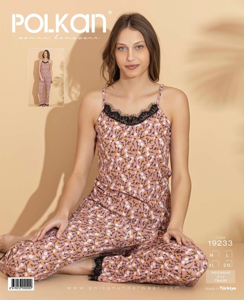 Somon Desenli Dantel Askılı Kadın Pijama Takımı Polkan 19233 - Somon