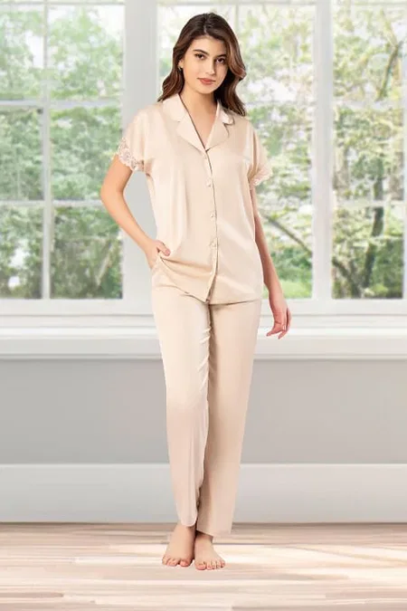 Dantel Detaylı Somon Kısa Kollu Pijama Takımı Pink Night 1204