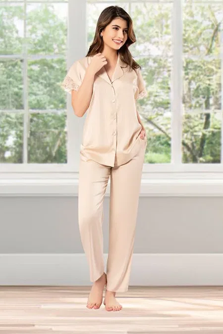 Dantel Detaylı Somon Kısa Kollu Pijama Takımı Pink Night 1204 - 2