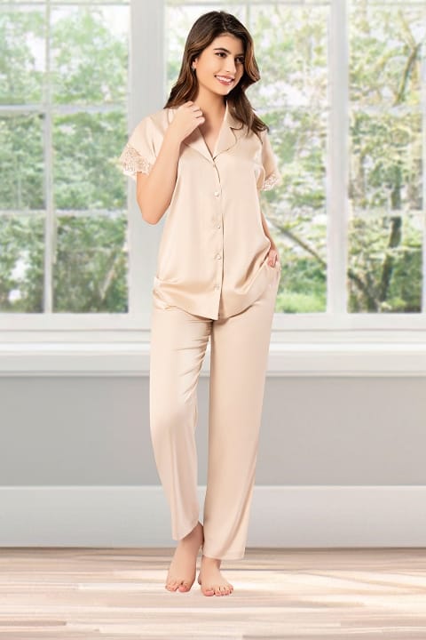 Dantel Detaylı Somon Kısa Kollu Pijama Takımı Pink Night 1204 - Somon