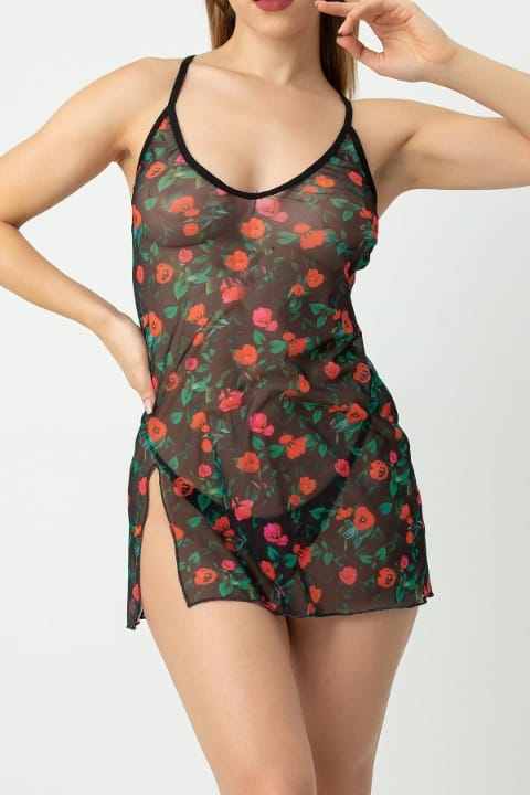 Transparan Çiçek Desenli Tek Parça Gecelik SHE 1367 - Siyah