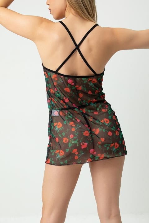 Transparan Çiçek Desenli Tek Parça Gecelik SHE 1367 - Siyah