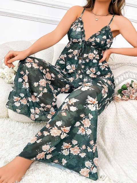 Çiçek Desenli İnce Askılı Büyük Beden Pijama Takımı Pink Night 6956 - Yeşil