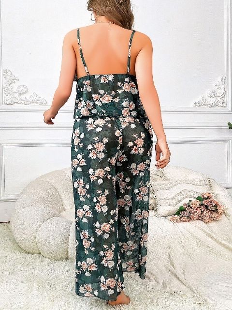 Çiçek Desenli İnce Askılı Büyük Beden Pijama Takımı Pink Night 6956 - Yeşil