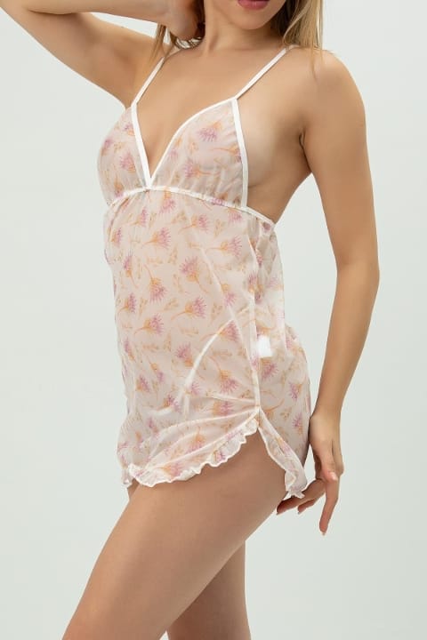 Tül Beyaz String Fantezi Gecelik Takım SHE 1364 - Beyaz