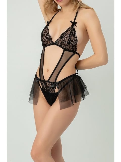 Şeffaf Tül Midi Etekli Babydoll SHE 2107 - Siyah