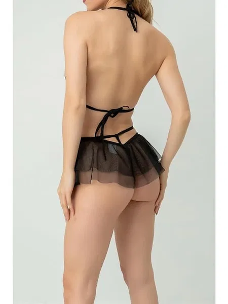 Şeffaf Tül Midi Etekli Babydoll SHE 2107 - Siyah