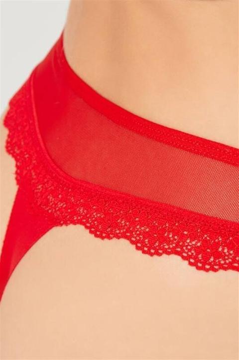 Transparan Dantelli Kadın Tanga Body Sarı Venlisa 6103 - Kırmızı