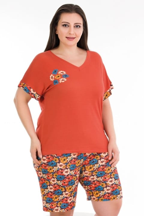 Turuncu Çiçek Desenli Şortlu Pijama Takımı Lady 10392 - Turuncu