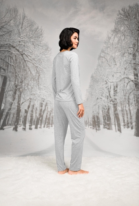 Pamuklu Dantel Detaylı Uzun Kollu Pijama Takımı Doreanse 26K4105 - Gri