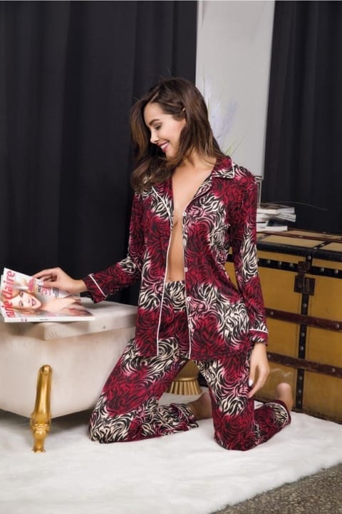 Düğmeli Desenli Uzun Kollu Pijama Takımı İzabel 4006 - Bordo
