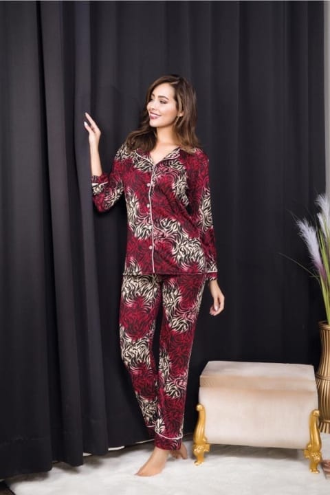 Düğmeli Desenli Uzun Kollu Pijama Takımı İzabel 4006 - Bordo