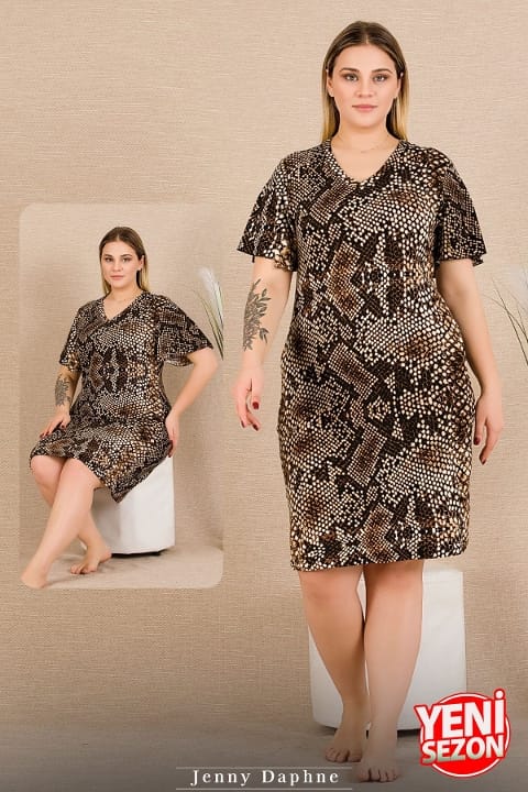 Lady Yılan Desenli V Yaka Büyük Beden Tunik Gecelik Lady 8917