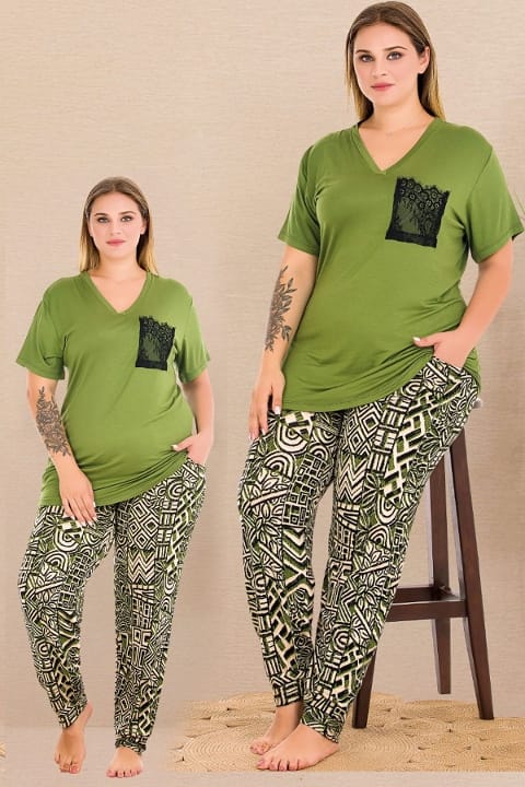 Lady V Yaka Çepli Büyük Beden Yeşil Pijama Takımı Lady 11002
