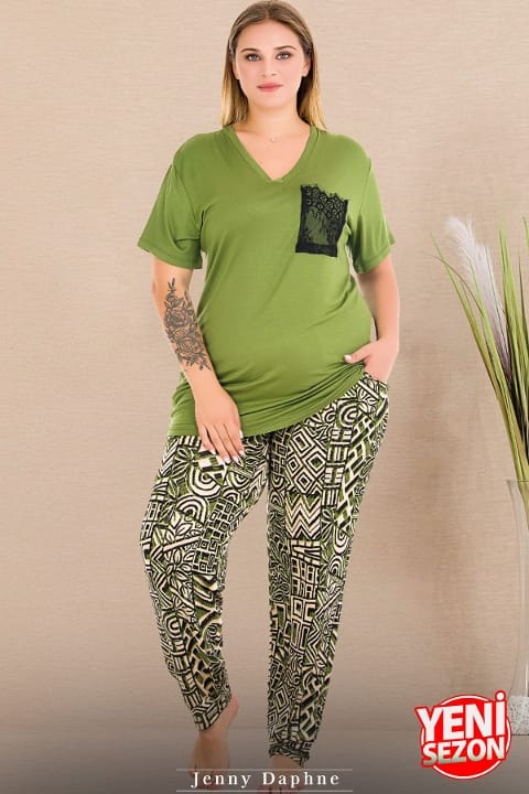 Lady V Yaka Çepli Büyük Beden Yeşil Pijama Takımı Lady 11002 - Görsel 2
