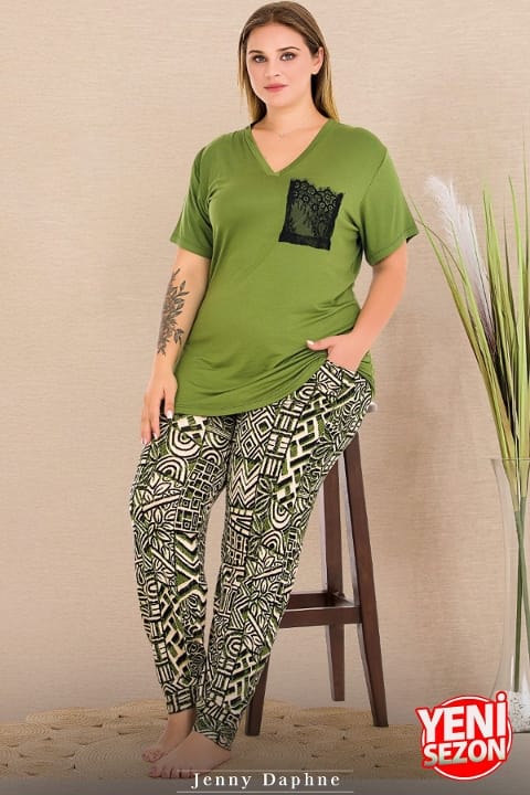 Lady V Yaka Çepli Büyük Beden Yeşil Pijama Takımı Lady 11002 - Görsel 3
