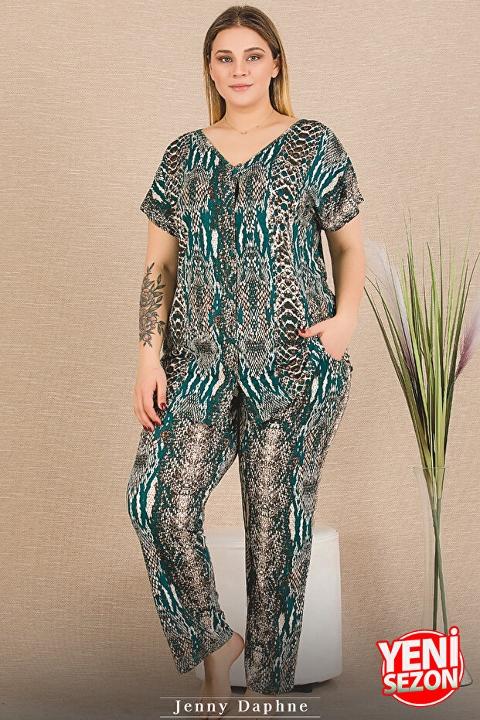 Desenli V Yaka Kısa Kollu Büyük Beden Pijama Takımı Lady 11030