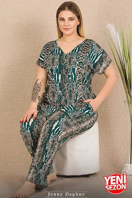 Desenli V Yaka Kısa Kollu Büyük Beden Pijama Takımı Lady 11030 - 2