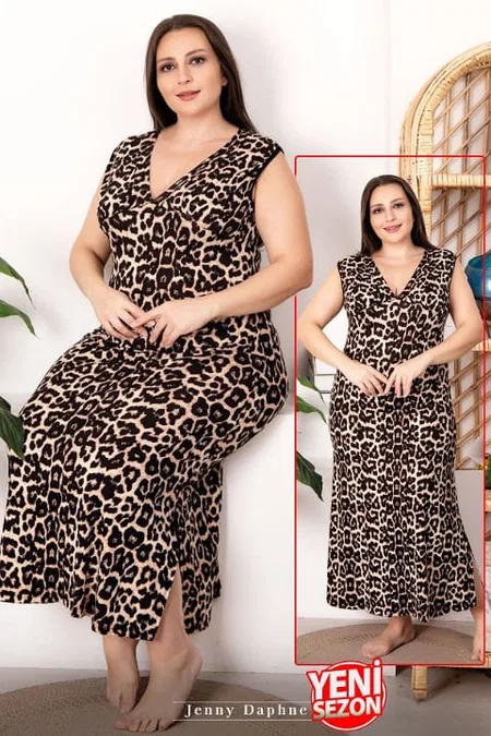 Leopar Desenli V Yaka Sıfır Kollu Büyük Beden Elbise Lady 7250 - Siyah