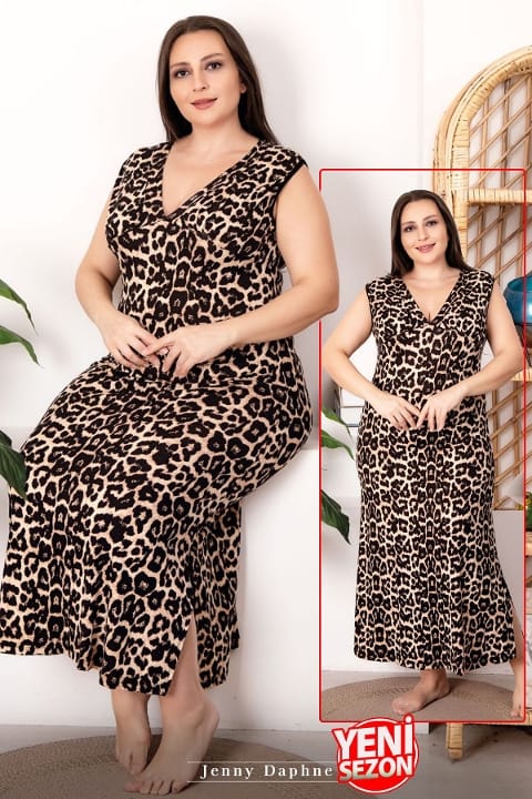 Leopar Desenli V Yaka Sıfır Kollu Büyük Beden Elbise Lady 7250 - Siyah