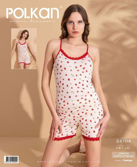 Viskon Askılı Şort Pijama Takımı Beyaz Polkan 24704