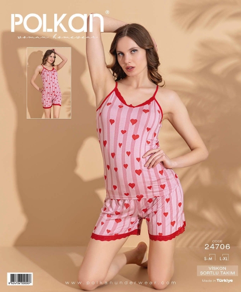 Viskon Askılı Kadın Şort Pijama Takımı Pembe Şeritli Kalpli Polkan 24706 - Pembe