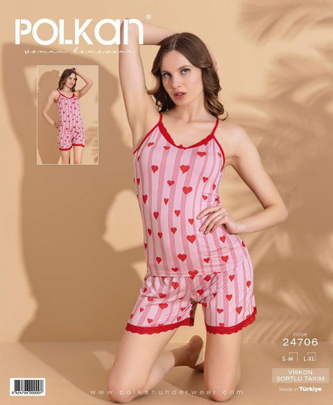 Viskon Askılı Kadın Şort Pijama Takımı Pembe Şeritli Kalpli Polkan 24706