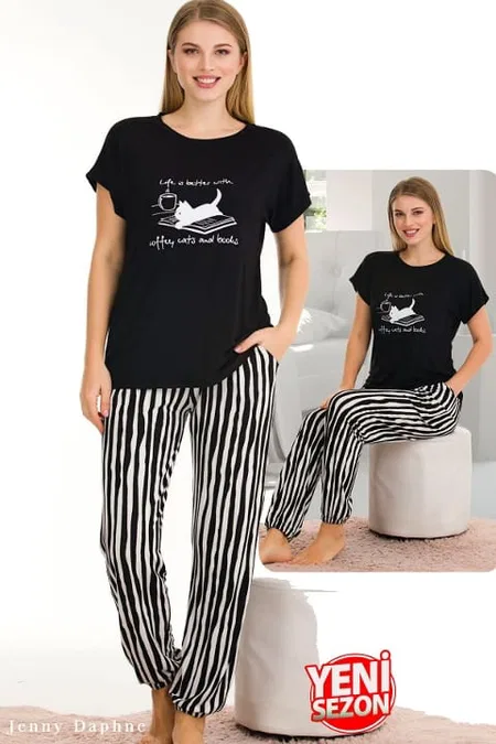 Viskon Çizgi Desenli Kısa Kollu Pijama Takımı Lady 12560 - Siyah