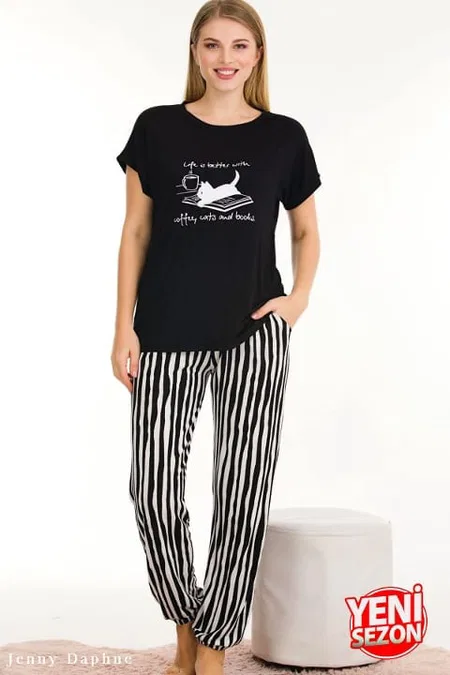 Viskon Çizgi Desenli Kısa Kollu Pijama Takımı Lady 12560 - Siyah