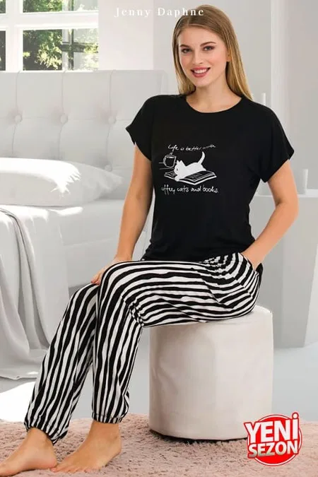 Viskon Çizgi Desenli Kısa Kollu Pijama Takımı Lady 12560 - Siyah