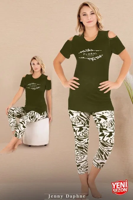 Viskon Desenli Kısa Kollu Kapri Pijama Takımı Lady 12070 - Yeşil