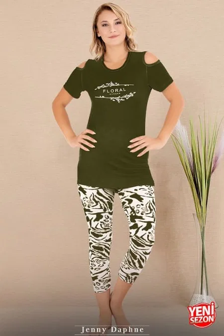 Viskon Desenli Kısa Kollu Kapri Pijama Takımı Lady 12070 - Yeşil