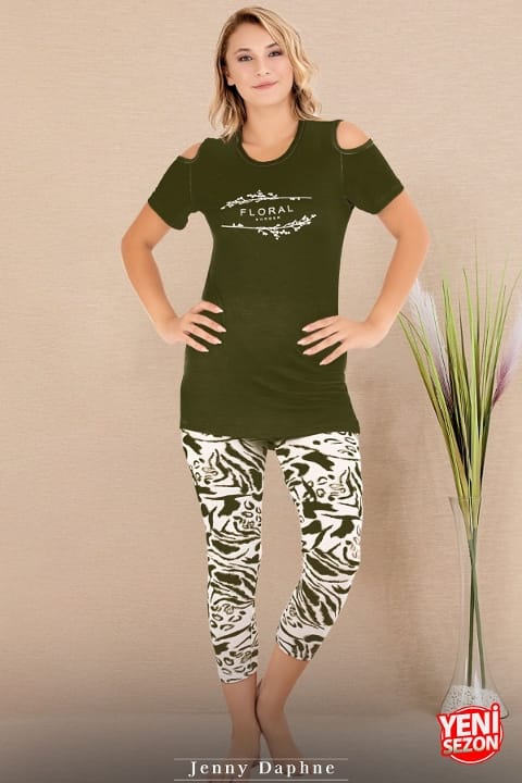 Viskon Desenli Kısa Kollu Kapri Pijama Takımı Lady 12070 - Yeşil