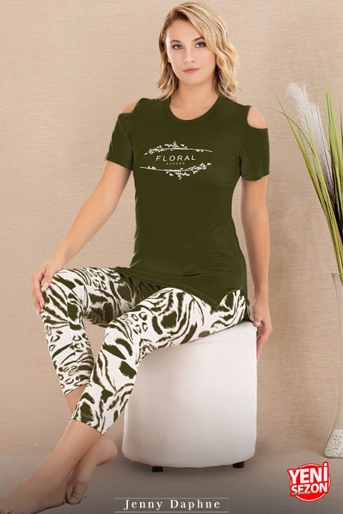 Viskon Desenli Kısa Kollu Kapri Pijama Takımı Lady 12070 - Yeşil