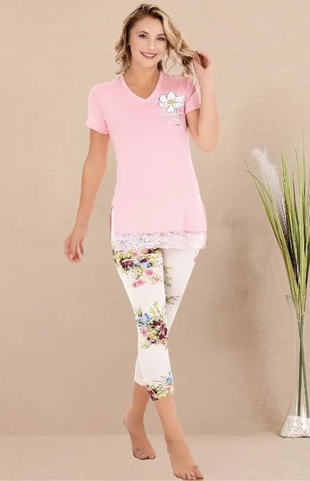 Viskon Leopar Desenli Kısa Kollu V Yaka Kapri Pijama Takımı Lady 12077 - Pembe
