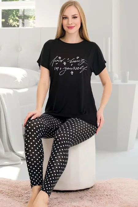 Puantiyeli Viskon Kısa Kol Pijama Takımı Lady 12565 - Siyah