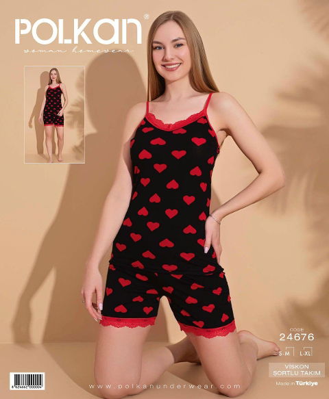 Viskon Dantelli Şort Pijama Takımı Polkan 24676