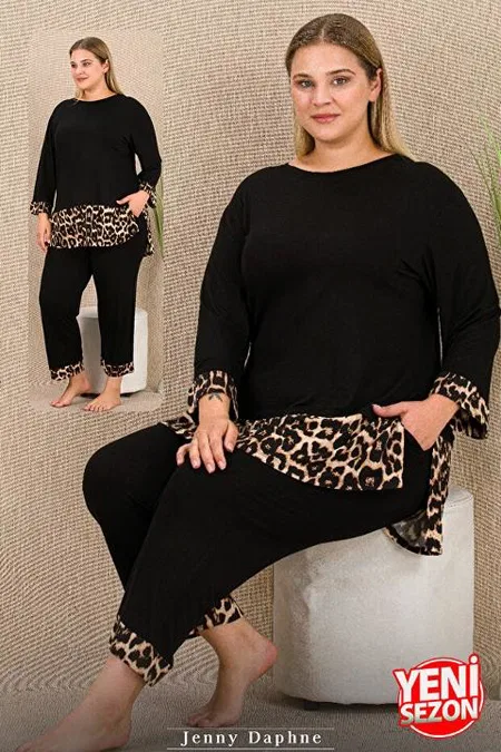 Leopar Desenli Viskon Uzun Kollu Büyük Beden Pijama Takımı Lady 11421