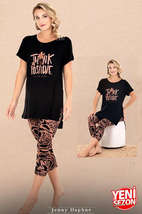 Viskon Kısa Kollu Yırtmaçlı Kapri Kadın Pijama Takımı Lady 12083 - Siyah