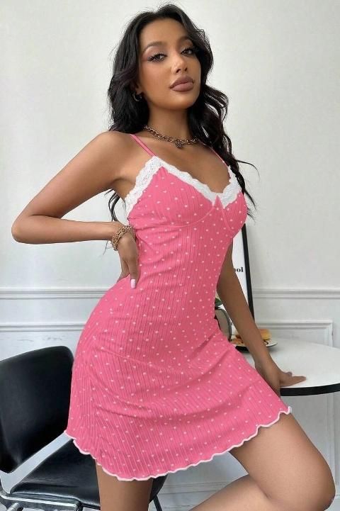 Dantel Detaylı Leopar Askılı Kısa Gecelik Ruselin 5069 - Pembe